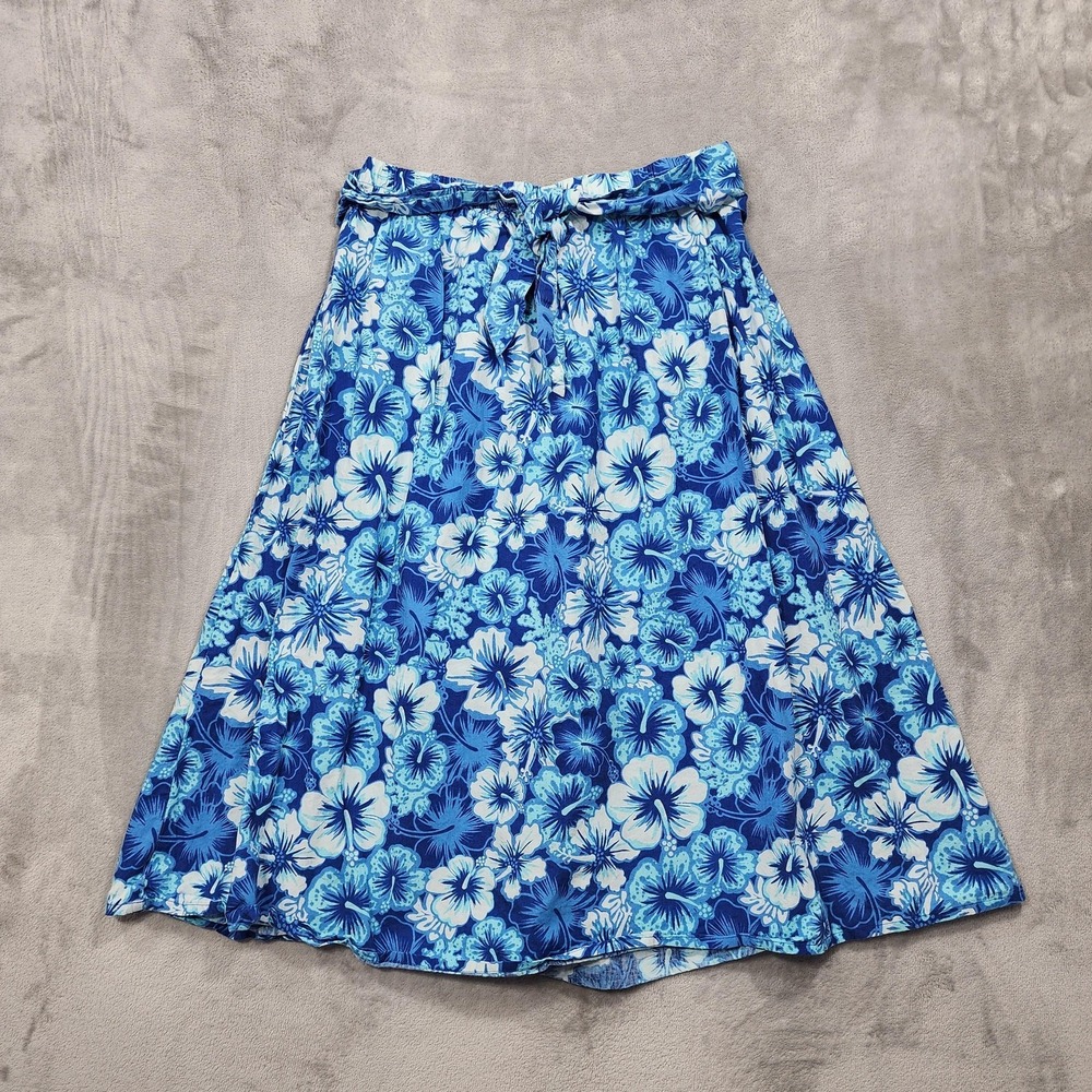 Boca Bay Skirt Womens L Blue Floral Flare Midi Elastic Waist Beach Casual Cotton
